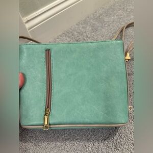 NWOT Samoe Sliding Adjustable Strap Crossbody Purse in Teal and Grey Leather